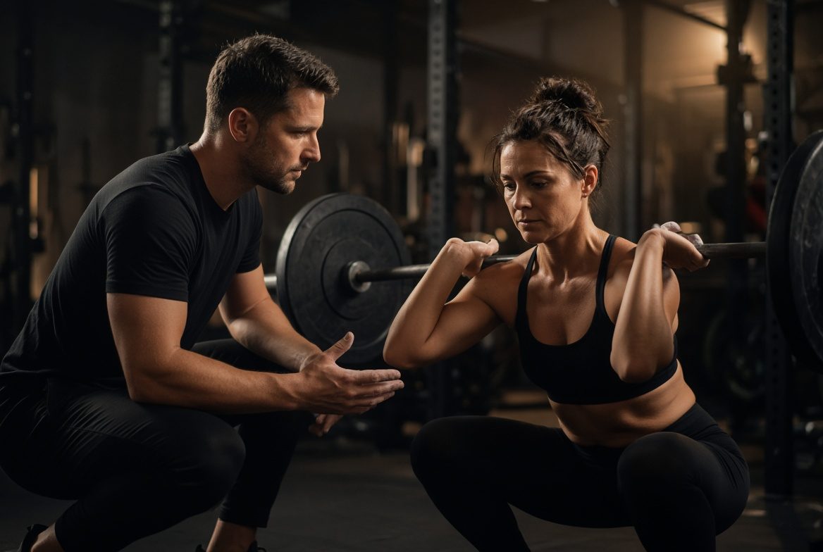 Coach giving cues during a squat
