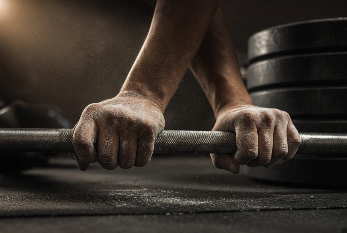 Chalked hands on a barbell