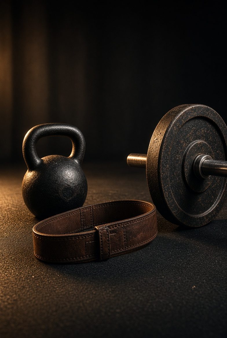 Kettlebell, belt, and barbell